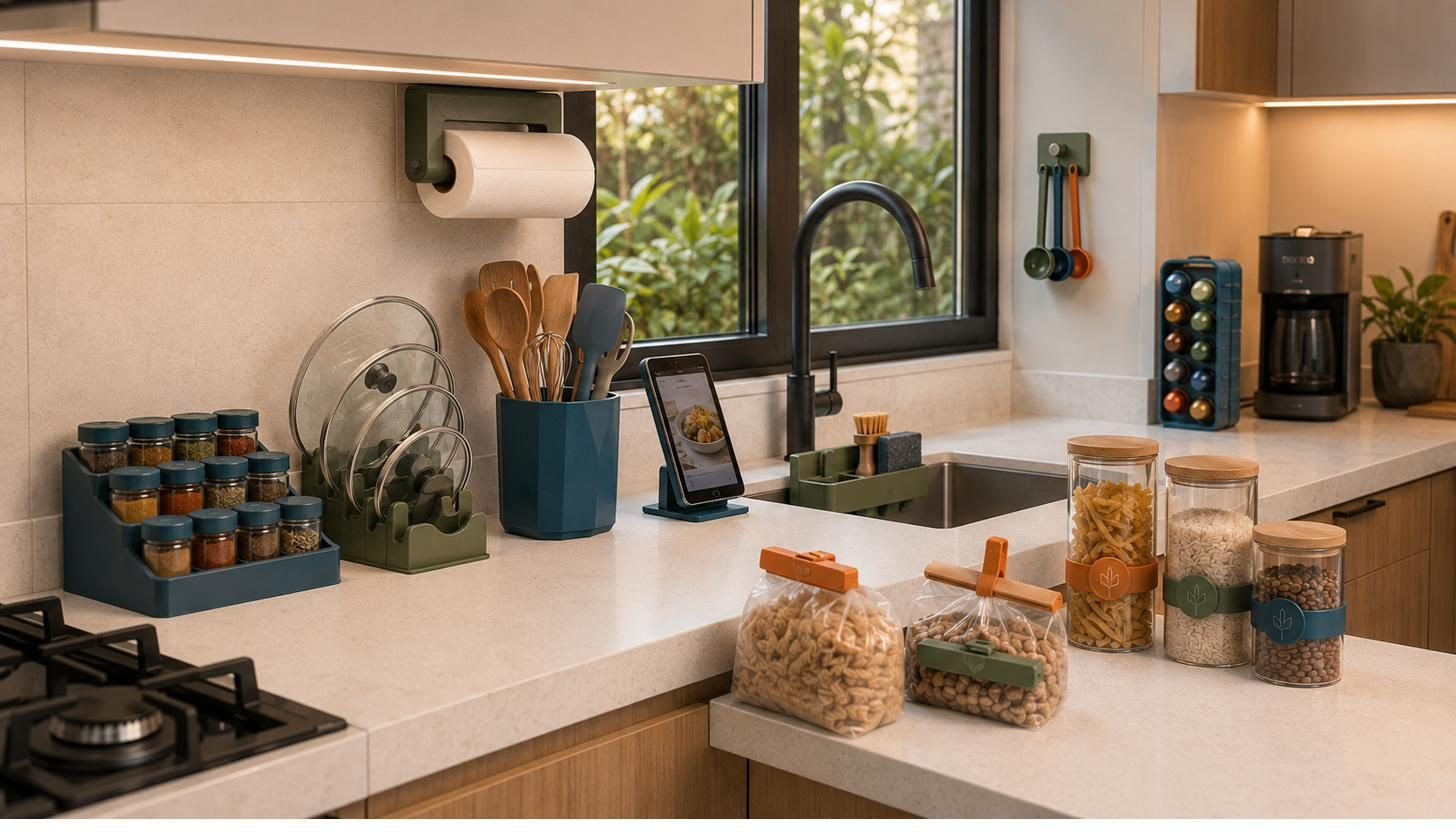 Cozinha com porta-temperos, clipes e potes organizados com peças 3D