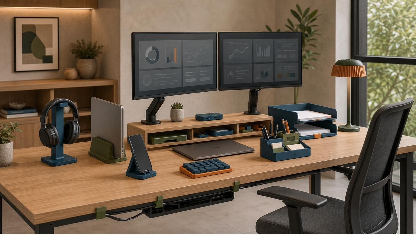 Escritório com suportes de fone, tablet e organizadores impressos em 3D