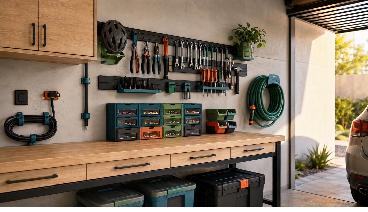 Garagem organizada com suportes e gaveteiros impressos em 3D