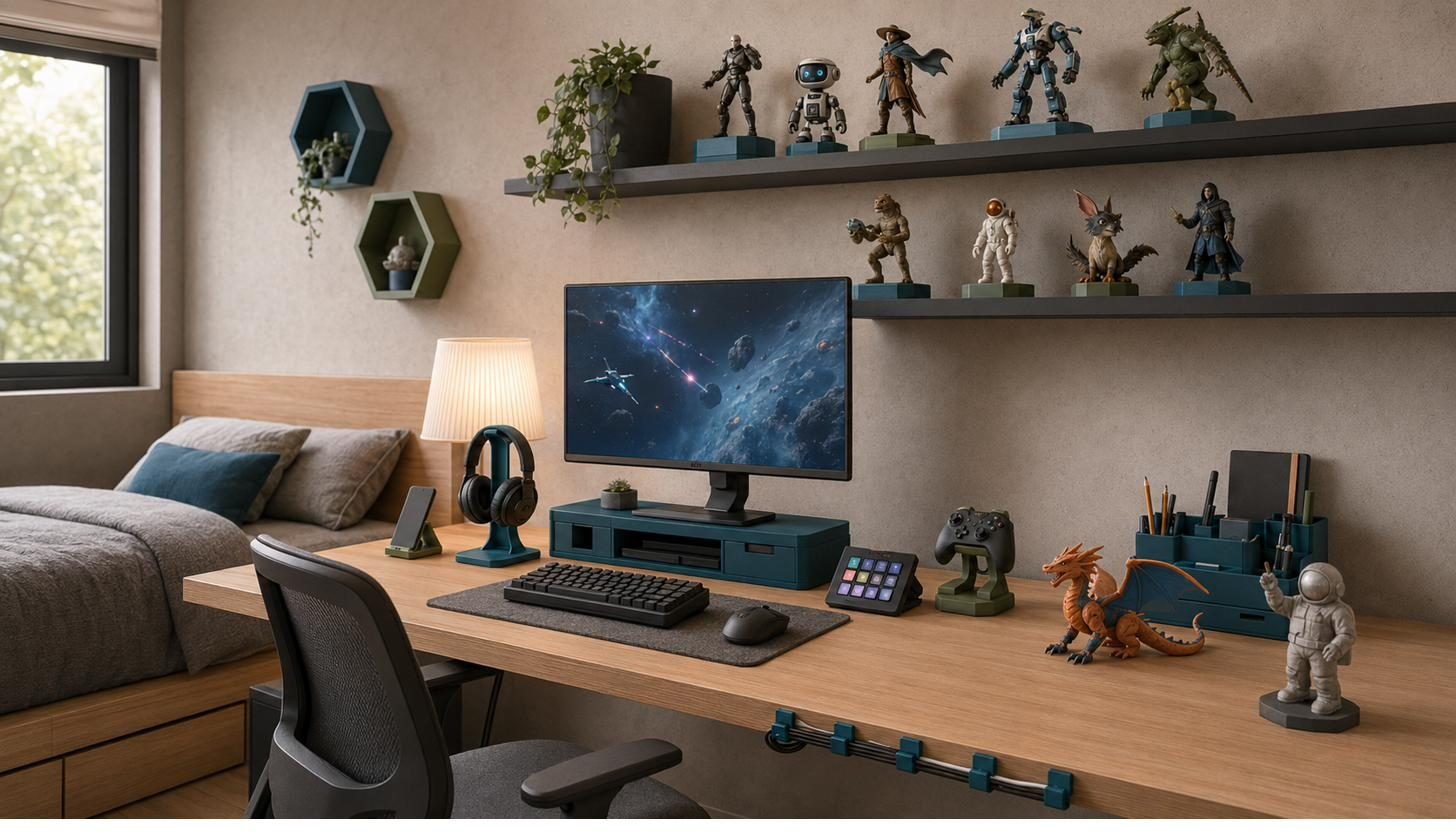 Quarto adolescente com bases para action figures e organizadores de setup gamer
