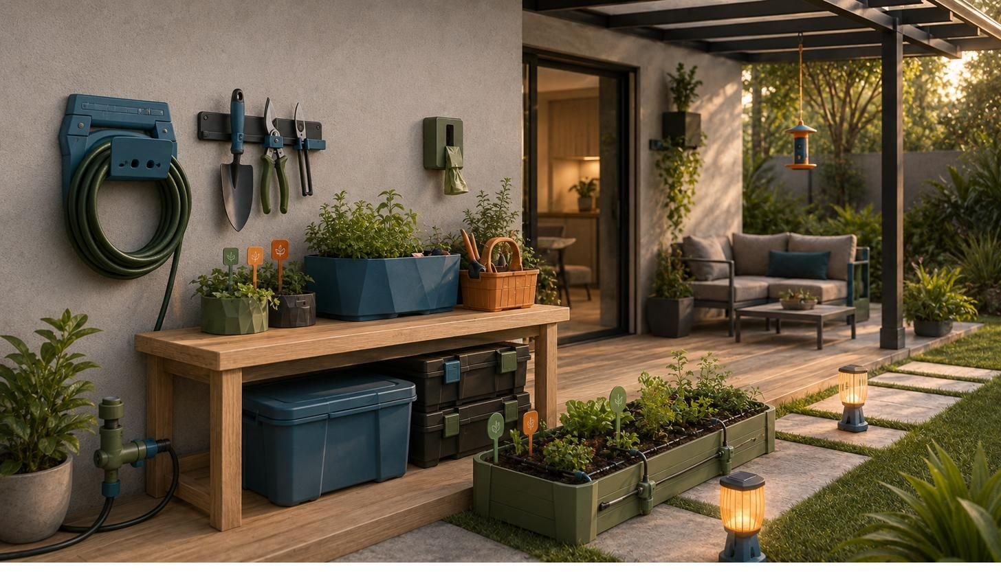 Quintal com suportes de jardinagem, floreiras e luminárias impressas em 3D