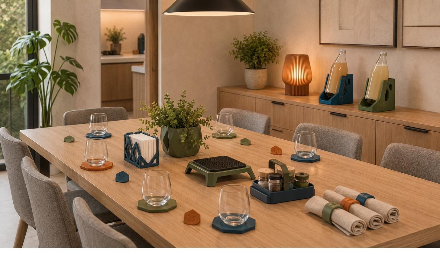 Mesa de jantar com porta-copos, argolas de guardanapo e apoios impressos em 3D